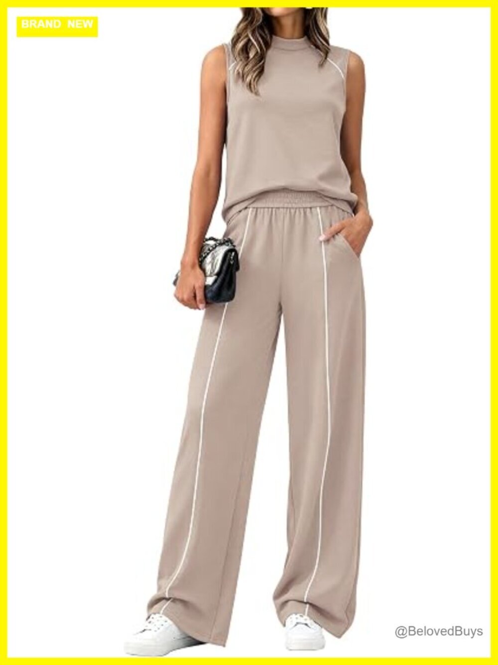 Two Piece Lounge Sets Mock Neck Sleeveless Wide Leg Pants Travel Outfits